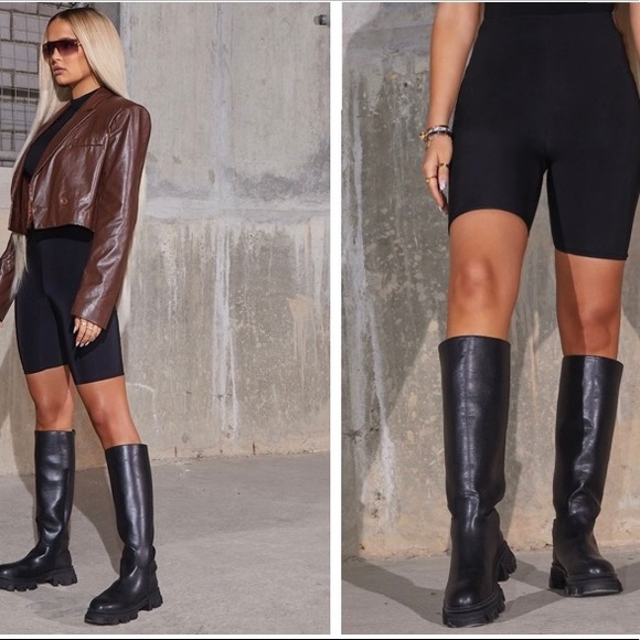 PrettyLittleThing Pants - Pretty Little Thing Women's S 2 Ribbed Bike Shorts Bella Black Slinky High Waist